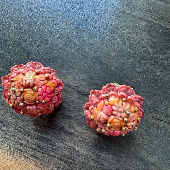 Vintage Orange Earrings Clip On Round Floral With Gold Beads Detail Retro - Picture 6 of 7